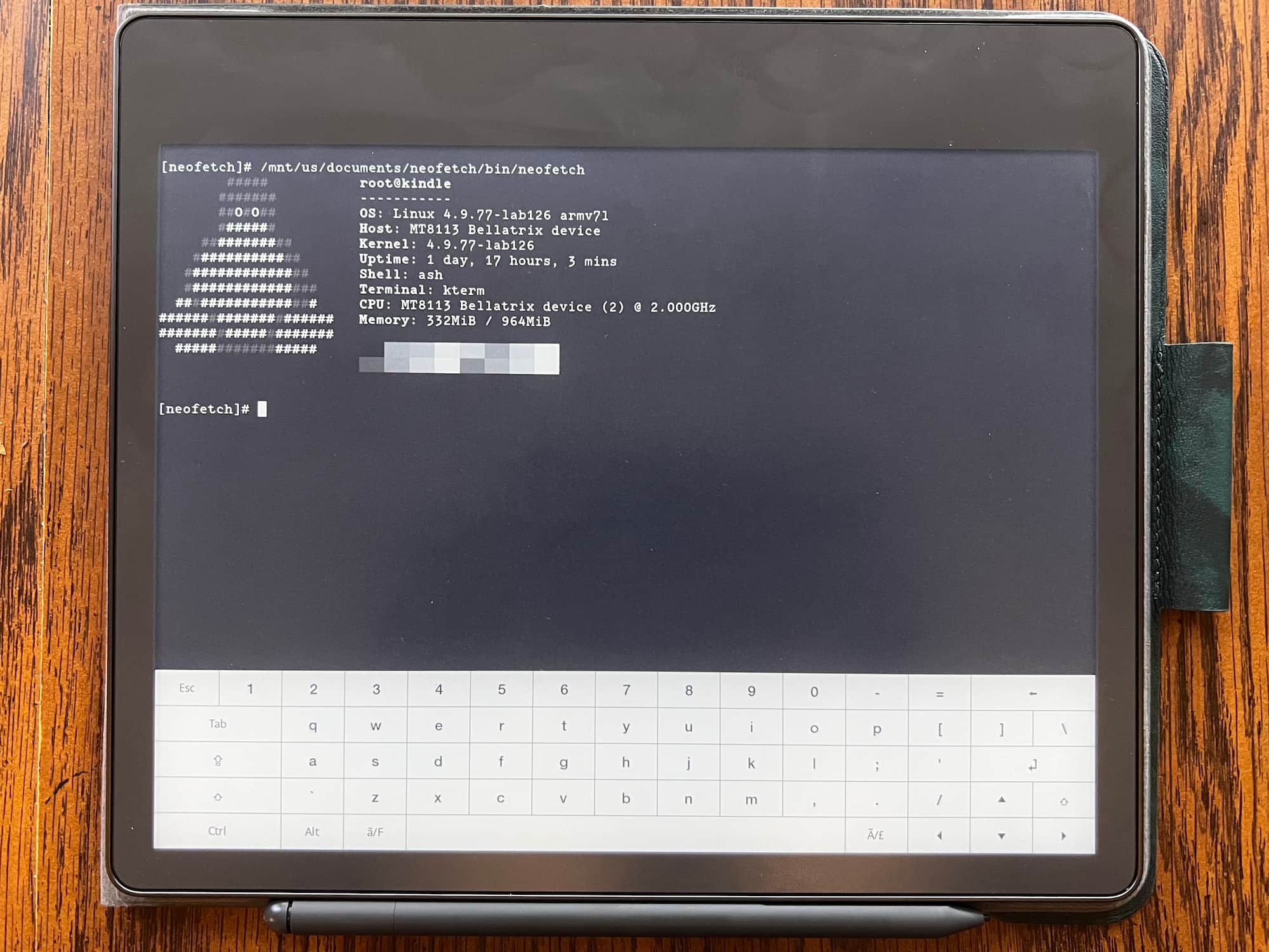 Image of Kindle Scribe linux terminal running neofetch